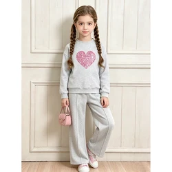 Children‘s Autumn Winter Warm Clothes Sets For Girls Solid Color Heart Print Top And Pants Daily Causal Sports Loose Lounge Wear
