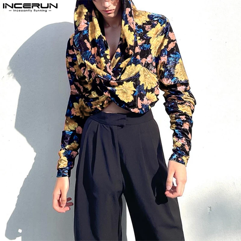 

INCERUN Floral Printing Loose Shirts 2025 Holiday Leisure Tops Men Casual Hooded Tops Spring Long Sleeve Men Handsome Camisas