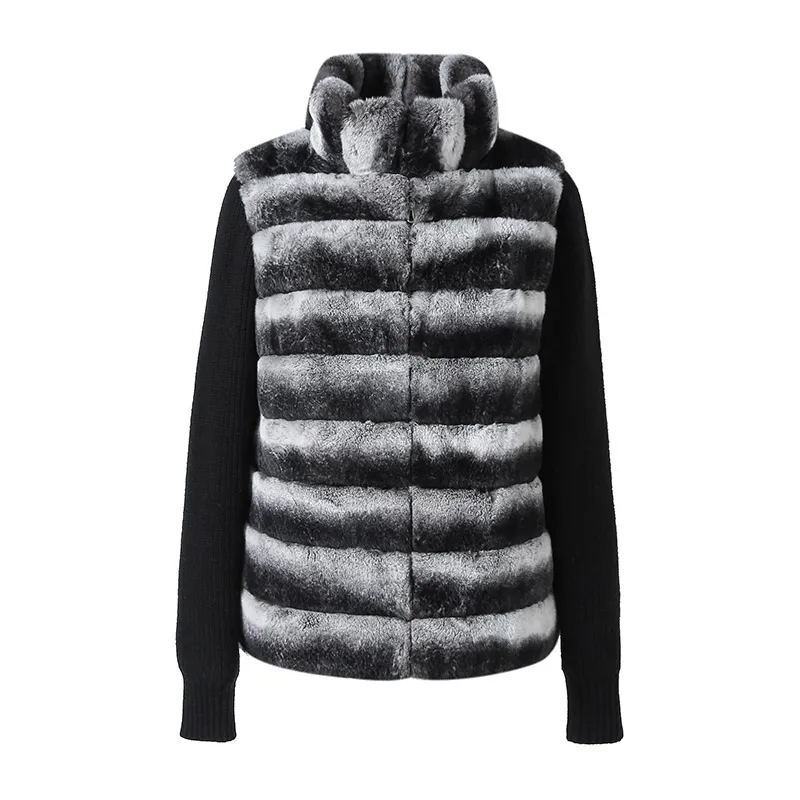 Abrigo de invierno de piel de conejo Rex auténtica para mujer, chaqueta tejida gruesa y cálida con cuello levantado, prendas de vestir de Color Chinchilla a la moda para mujer