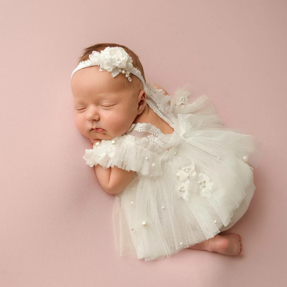 Baby Girl White Tutu Dress Newborn Photography Props Pearl Embellished Ruffle Lace Tulle Skirt Infant Photo Shoot Outfit