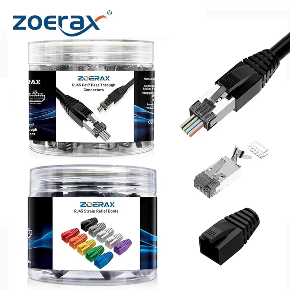 ZoeRax 50 Stück RJ45 Cat7 CAT6A-Stecker, 2-teilige geschirmte RJ45-Enden, 8P8C modularer Netzwerkstecker mit Zugentlastungshülsen