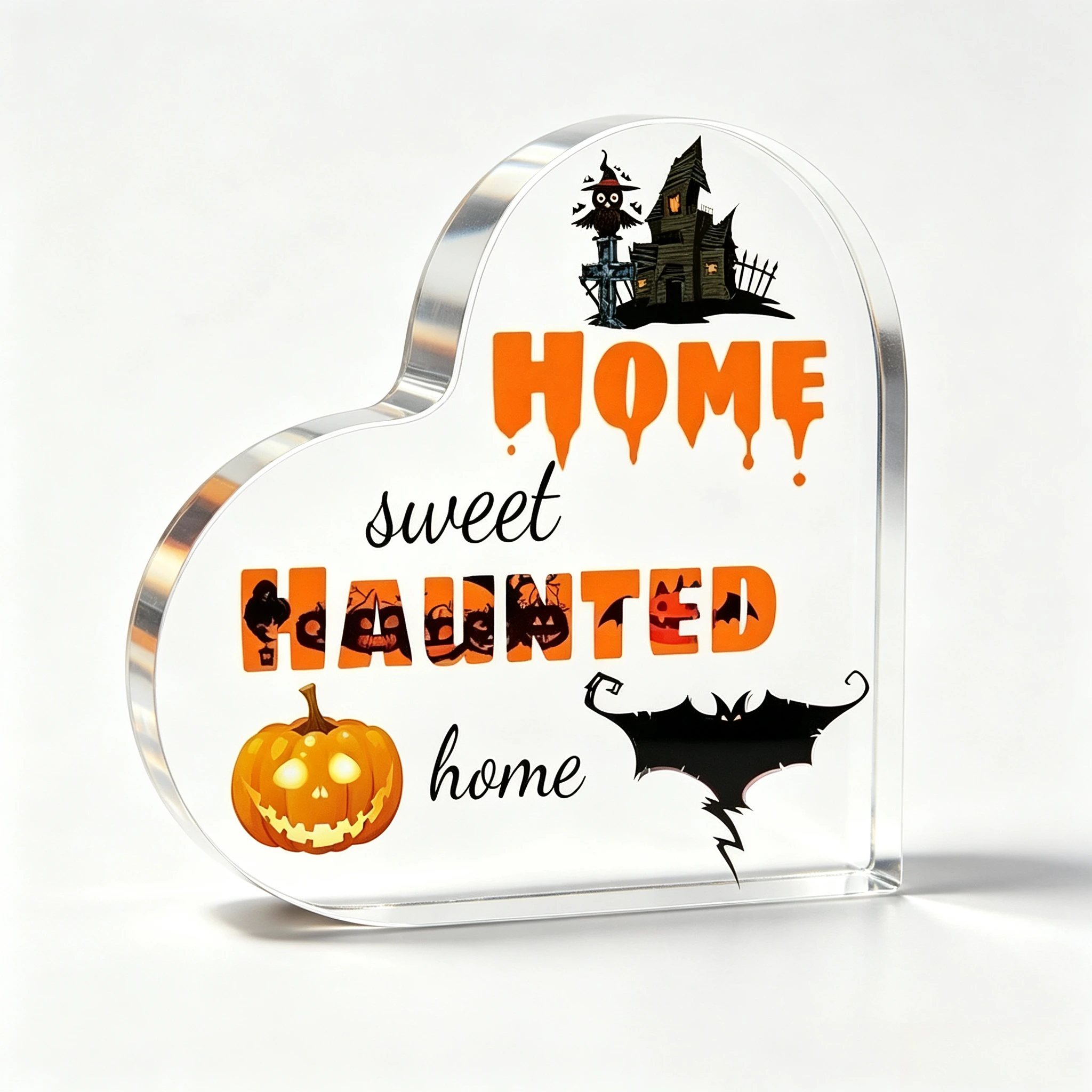 Heart‑Shaped Acrylic Plaque Home Sweet Haunted Home Haunted House Owl Jack‑O‑Lantern Pumpkin Bat Print Freestanding Table Ornament Spooky Halloween Desk Shelf Home Decor Gothic Fall Keepsake Decoration Gift