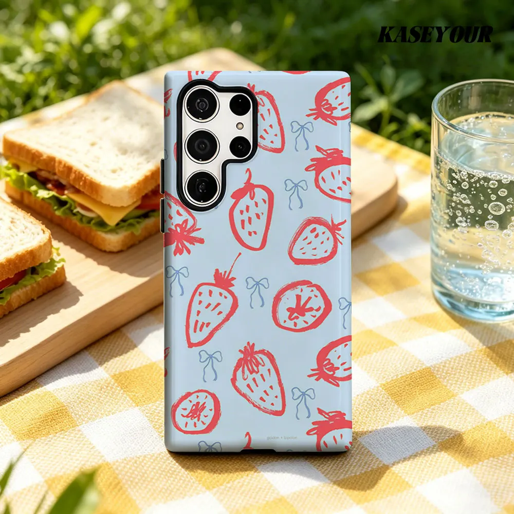 Strawberry Bow Fun For Samsung Galaxy Phone Case S23 A57 S20 S25 FE S26 Plus S24 Ultra A56 A37 2-IN-1 Shockproof Bumper