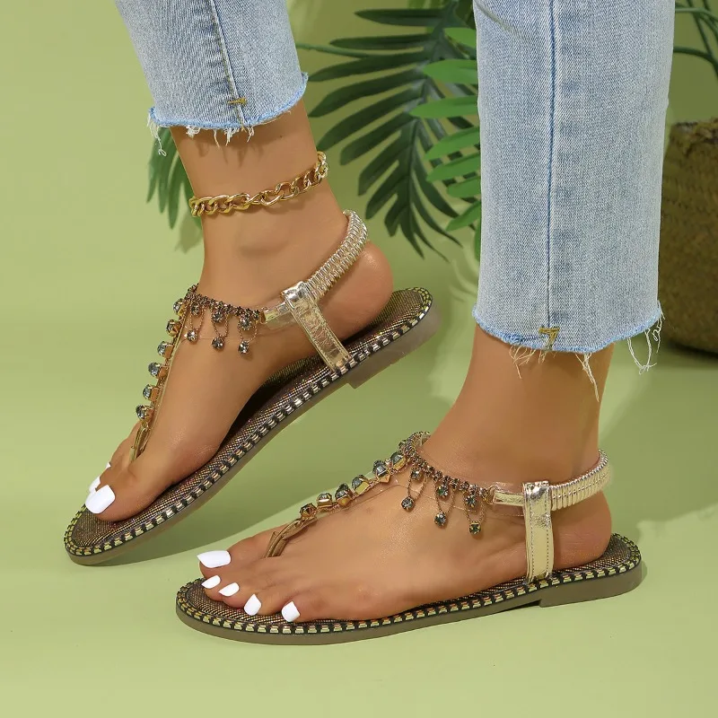 Ladies Shoes 2024 Hot Sale Elastic Band Summer Women's Sandals Solid Shining Open Toe Low-heeled Large Size Beach Thong Sandals