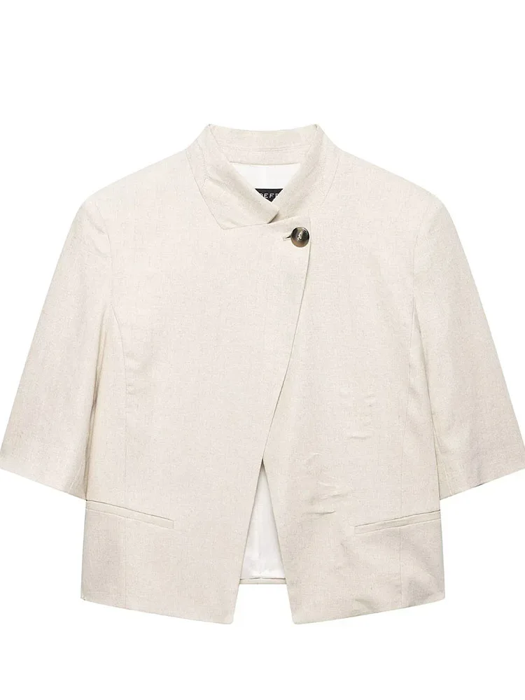 

HH Women Summer Spring Cropped Beige Blazer New Female Coats Single-Breasted Sleeve Tops Shoulder Pads Street Outerwear Coat