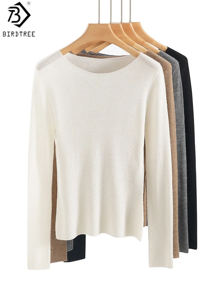 

Birdtree, трикотажная бесшовная майка из 100% овечьей шерсти, женская однотонная рубашка с вырезом лодочкой, осенний пуловер с длинными рукавами T59712JF