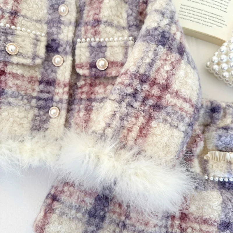 

Korean Style Thickened Girls' Winter Outfit New Plaid Children's Jacket and Skirt Two-Piece Set