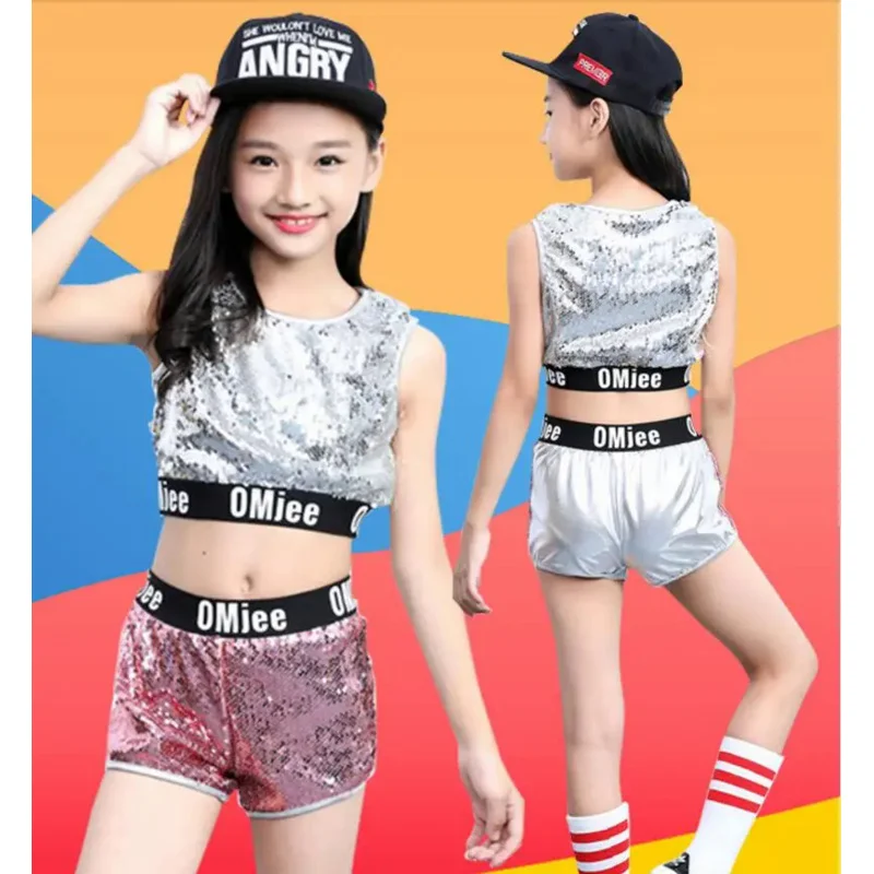 Kids sequin hip hop clothing clothes for girls jacket crop tank tops shirt shorts jazz dance costume ballroom dancing streetwear