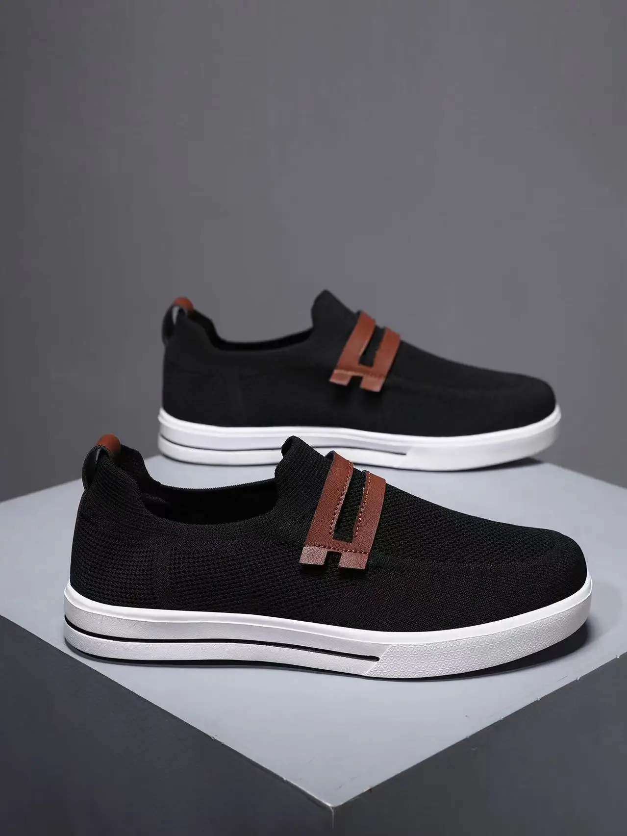 Men's Breathable Slip-On Sneakers Lightweight Mesh Casual Walking Shoes Non-Slip Lazy Loafers Black White