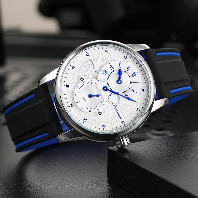 Forsining Luxury Men\'s White Blue Automatic Wristwatches Transparent Waterproof Mechanical Watch Male Silicone Band Sports Clock