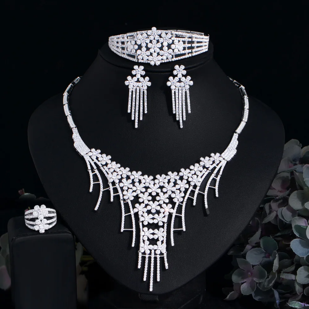 

CWWZircons Cubic Zirconia Cluster Flower Large Tassel Wedding Bridal Pageant Necklace 4pcs Dubai Jewelry Sets for Women T708