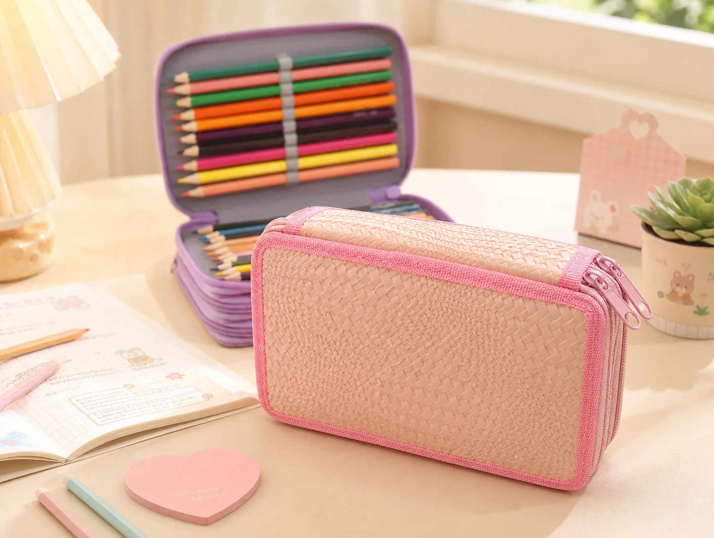 Double-Layer Woven Pencil Case, Large Capacity. Suitable for Girls and Students, Use for Storing Colored Pencils and Art Sup