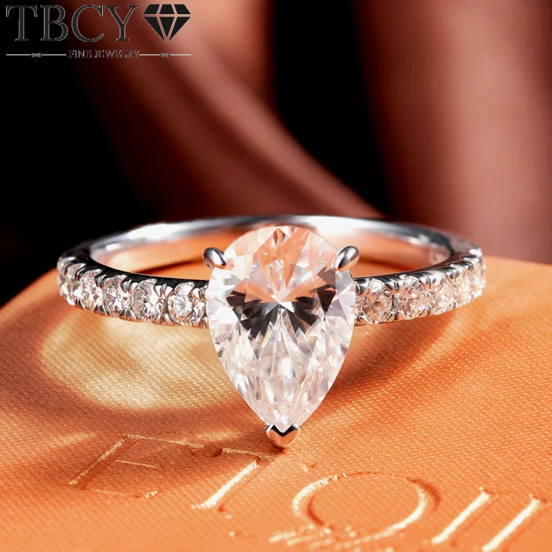 

TBCYD 2CT Teardrop Halo Moissanite Ring Round Accent Stones S925 Sterling Silver Stackable Eternity Band Fine Jewelry Gift