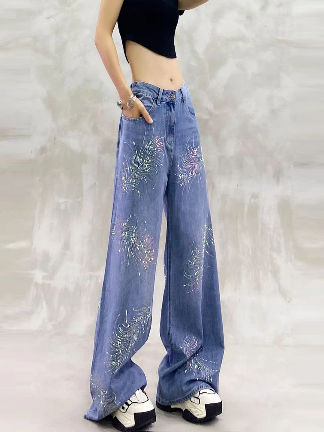

Shiny Rhinestone Casual High Waist Loose Slimming Straight Leg Jeans Women Summer New Style Drapey Wide Leg Pants