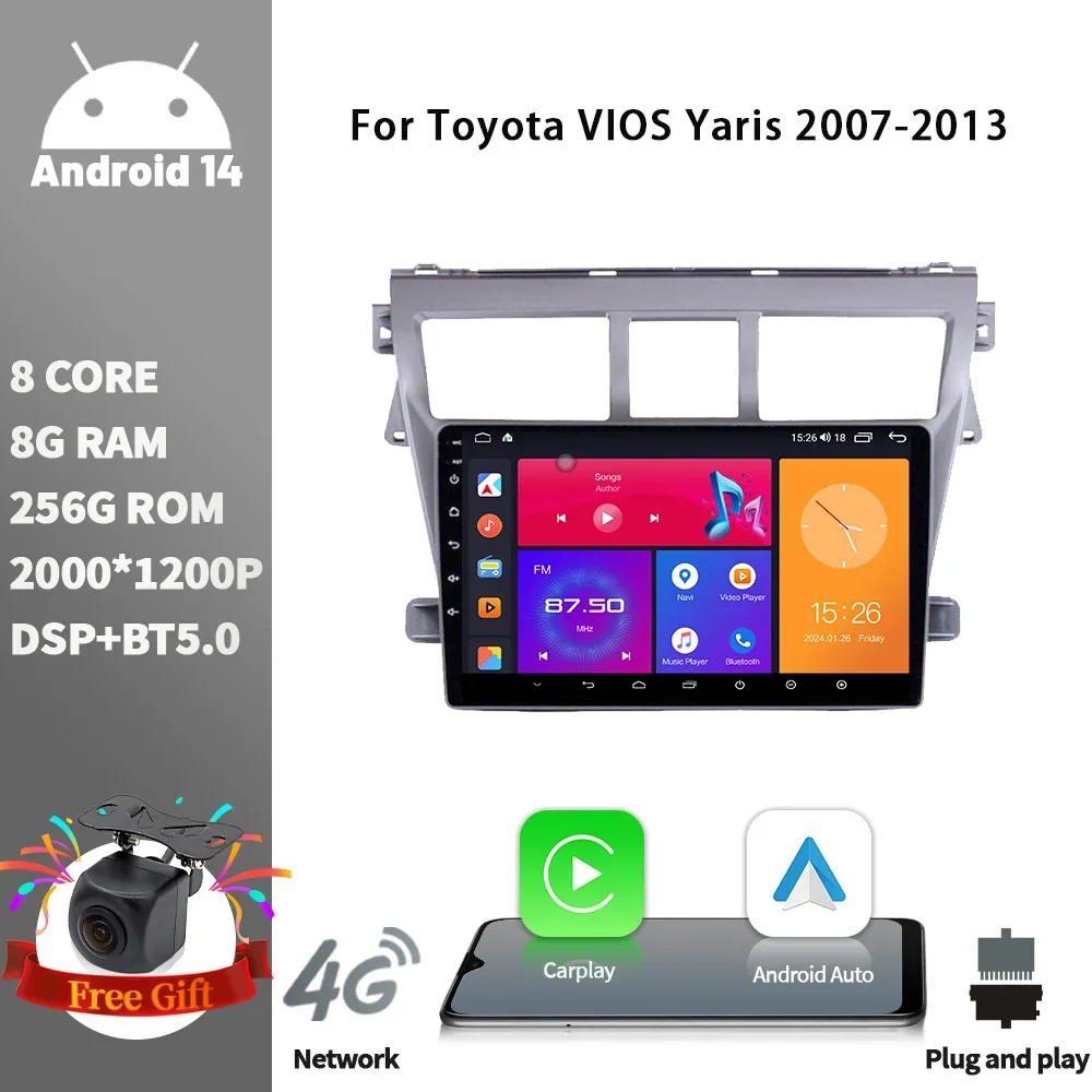 Car Radio Multimedia Player Navigation Wireless CarPlay Touch Screen Stereo Android Bluetooth For Toyota VIOS Yaris 2007-2013