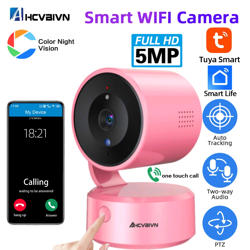 

5MP Wireless PTZ Security Camera Indoor Wifi Tuya Baby Monitor Color Night Vision Surveillance Cam with Two Way Audio Motion Detection Real Time Alerts Remote Access and One Touch Call Function Compatible with Tuya App for Living Room