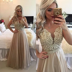 Customized Beaded Lace Applique Prom Dress V-Neck Sexy Backless Special Occasion Gown Floor Long Summer New Elegance Chiffon