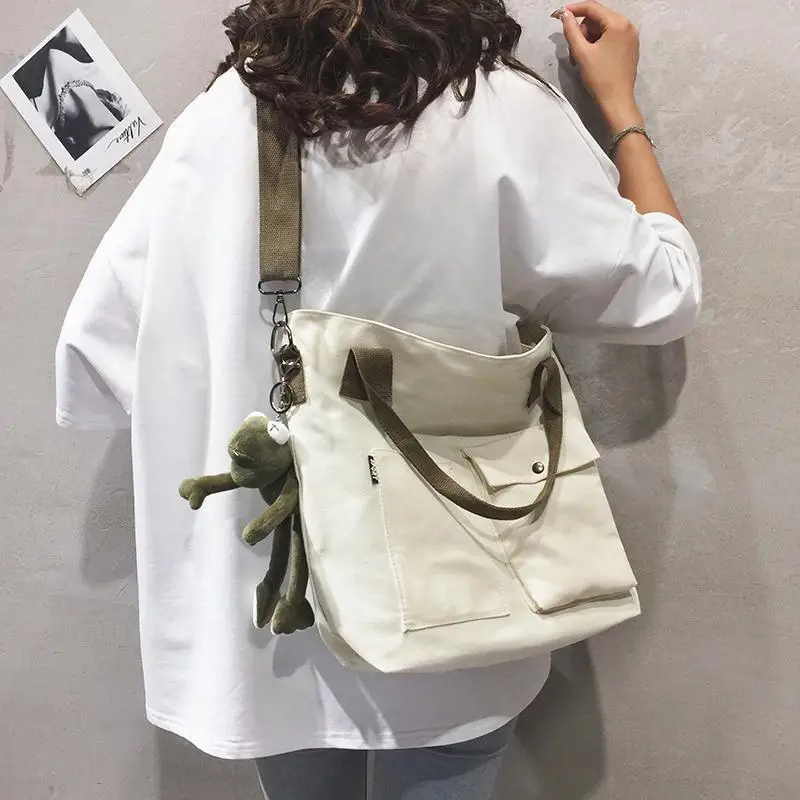 Canvas Women Handbag Shoulder Bag Solid Color Shopping Bags Female Eco Handbag Reusable Grocery Totes Shopper Bags with Pendant