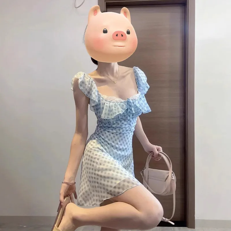 

French Style Gentle Blue Plaid Strap Dress for Women Summer2025New Style Elegant Waist-CinchingaShort Skirt