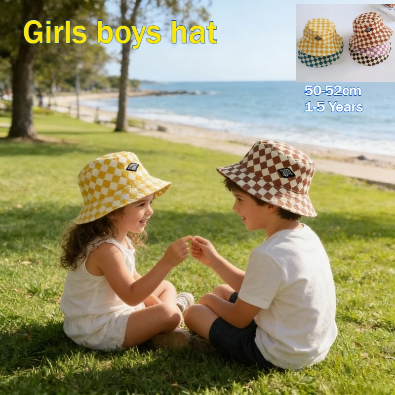 Kinder-Eimerhut, 50–52 cm, 1–5 Jahre, Schachbrettmuster, niedliches kariertes Muster, für Babys, Jungen und Mädchen, Sonnenhut, weiche Fischer-Panama-Kappen für Kinder