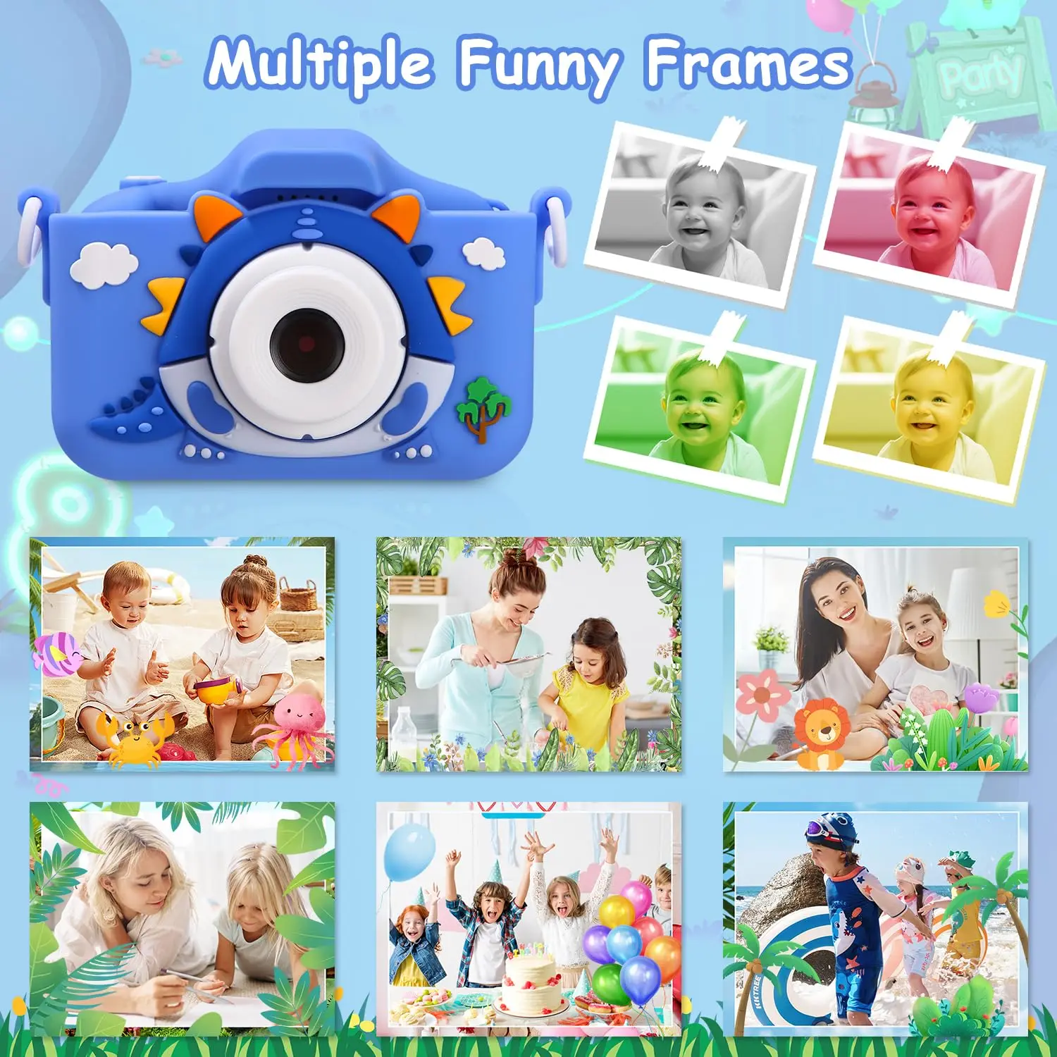 Câmera infantil com câmeras dianteiras e traseiras duplas 48MP 1080p HD câmeras dianteiras e traseiras duplas, cinco jogos educativos Natal, Hallo