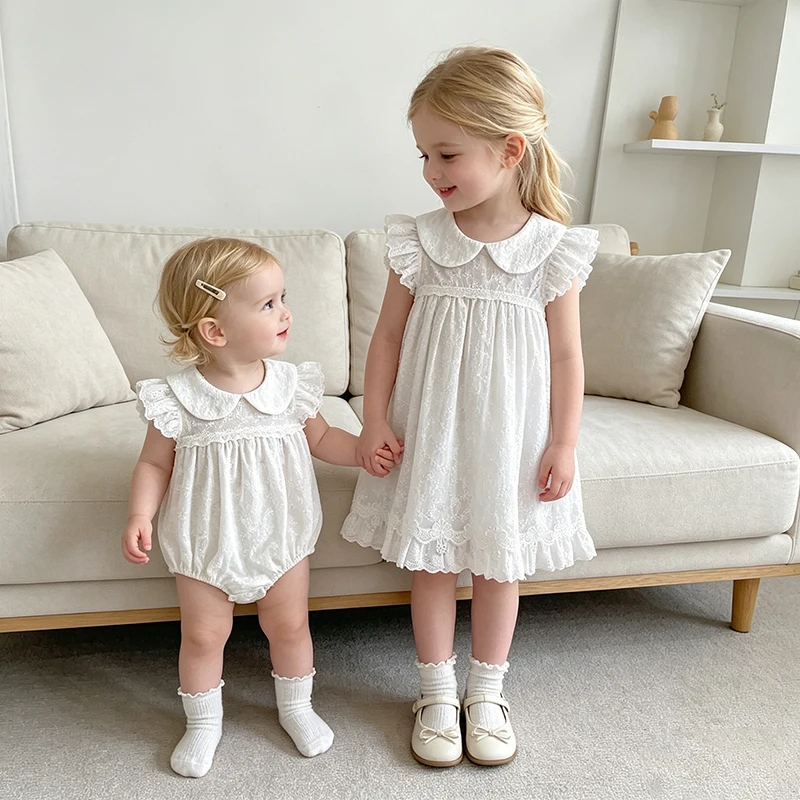 2026 New Summer 0-24M Baby Girl Short Sleeves Cotton White Romper 2-6Yrs Kids Princess Sweet Embroidery Dress Sister Dress