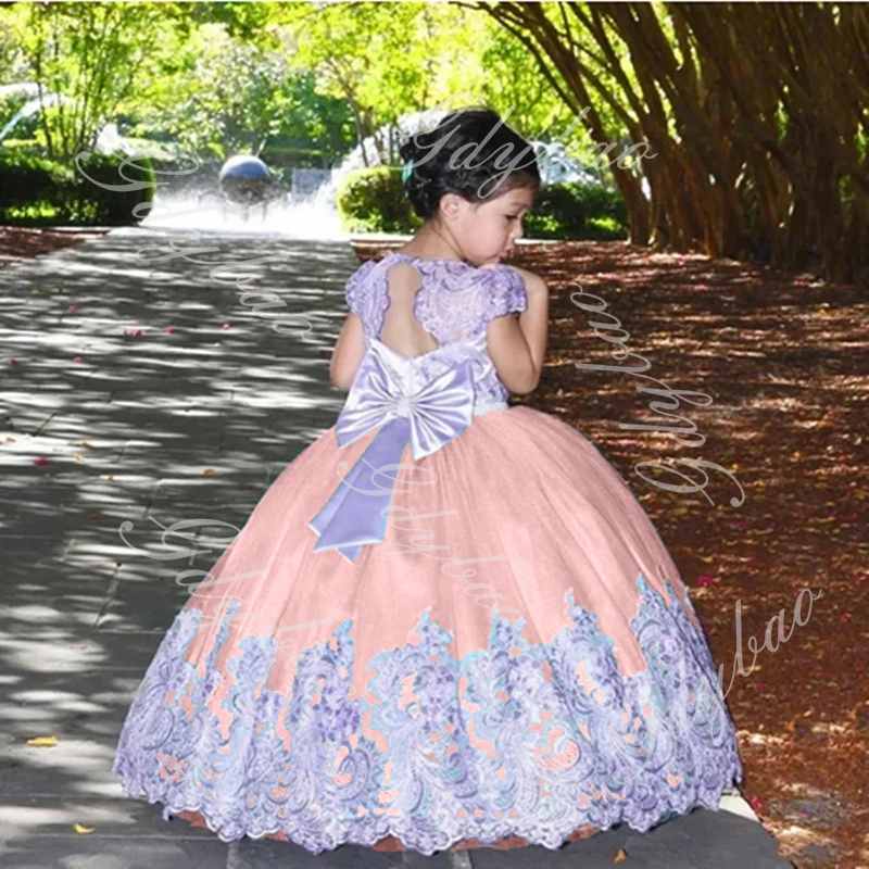 Cute Lace Flower Girl Dresses for Wedding Little Girls Lavender Bow Puffy Tulle Pageant First Communion Birthday Party Ball Gown