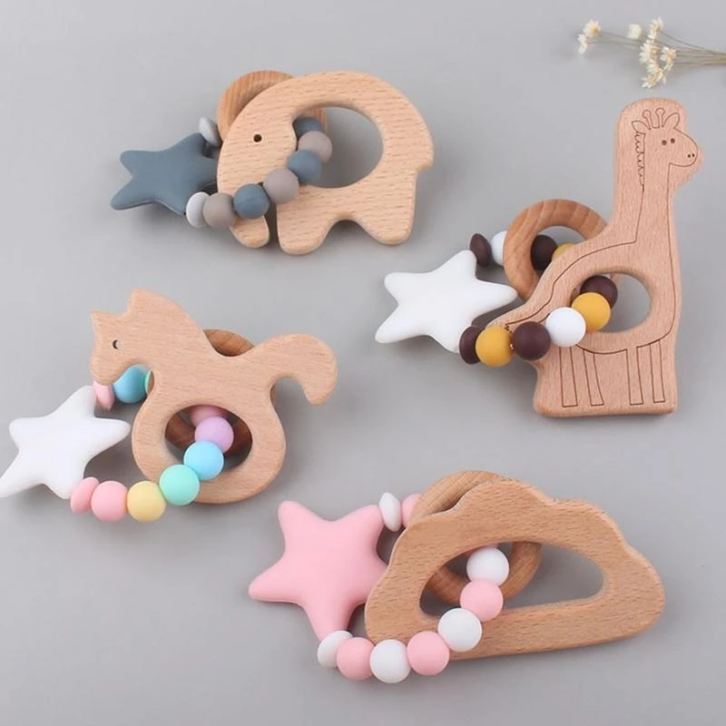 

J15U Baby Rattle Bracelet Teether Pacifier Chain Clip Infant Wooden Teether Bracelet Nursing Chewing Toy Infant Nipple Holder