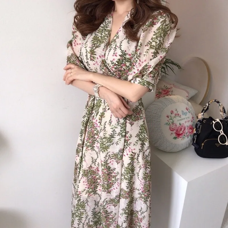 One Piece Bandage Waist Vintage Dress Boho Maxi Summer Elegant V-neck Tie Long Short Sleeved Chiffon Printed Dresses 2024