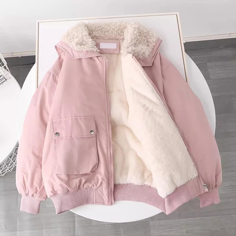 Winter Short Parkas Women Pink Fleece Down Coats Fashion Hairy Puffer Jacket Ladies Korean Pockets Thick Cotton Padded Outwear