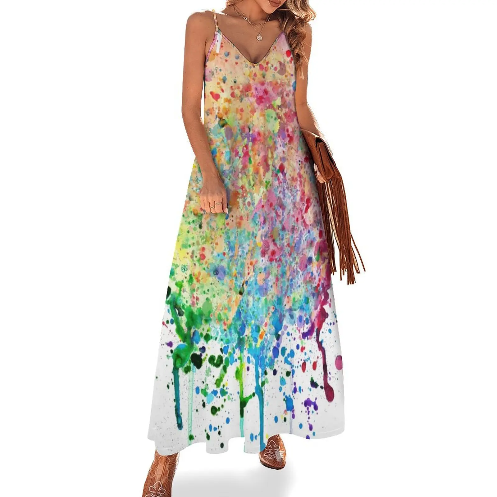 

Rainbow Paint Splatter Drip Sleeveless Long Dress women's fashion dresses Clothing female Dress