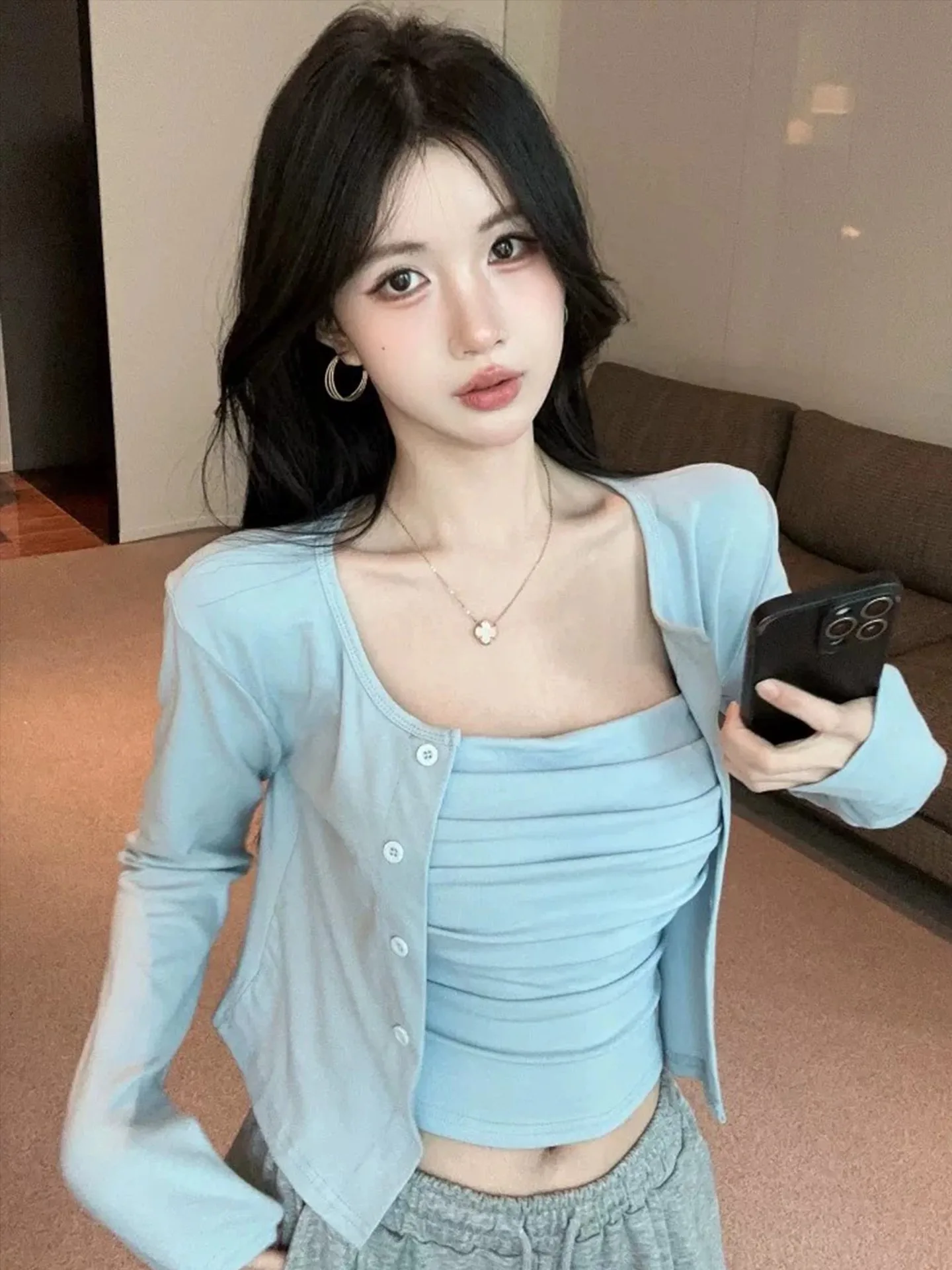 Summer Women's Sun Protection Cardigan with Strap And Chest Pad Two-Piece Set Korean Style High Waist Short Sleeve T-Shirt