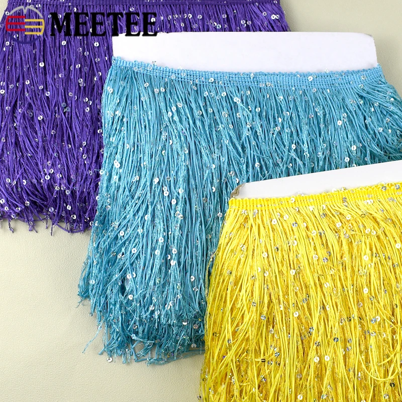 10Meters Meetee 20cm Colorful Sequin Tassel Fringe Ribbon Polyester Lace Trims Clothes HomeTextiles Decoration Sewing Accessory