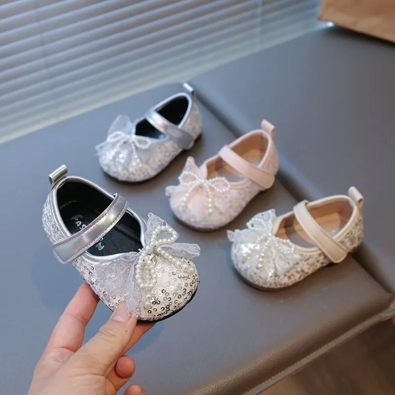 

Girls Shiny PU Leather Shoes Pearl Bow Princess Baby Shining Baby Toddler Flats Loafer Size 16-26