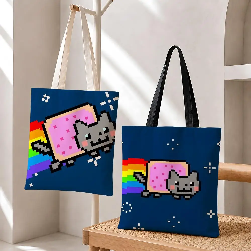 Meme Nyan Cat Rainbow Pop Tart Storage Bags Fashion Cotton Canvas Tote Bag Eco Friendly Reusable Large Capacity Shopping Bag