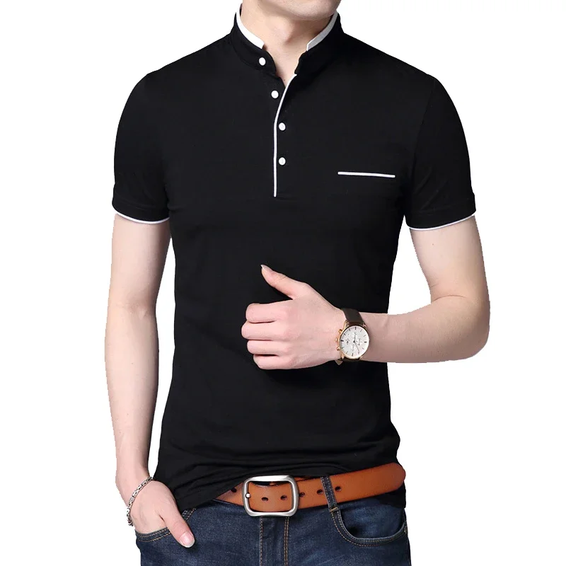 Fashion Men T-shirt Summer Short Sleeve T-shirt Stand Collar Solid Slim T-shirt Men Cotton Tops Tees Plus Size 5XL