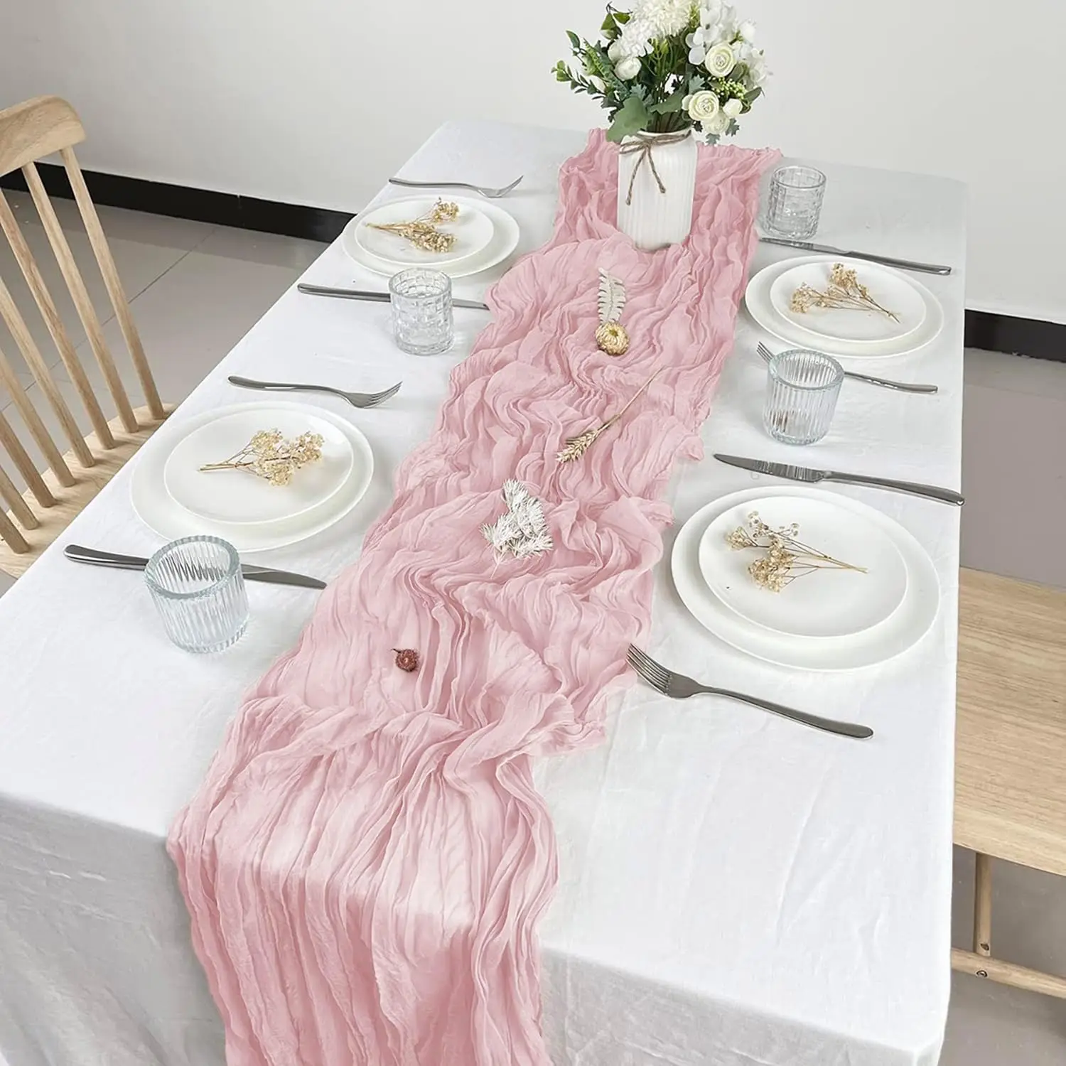 12 Pack Rose Gold Cheesecloth Table Runner 10ft Boho Gauze Cheese Cloth Table Runner Rustic Sheer Runner 120 inch Long