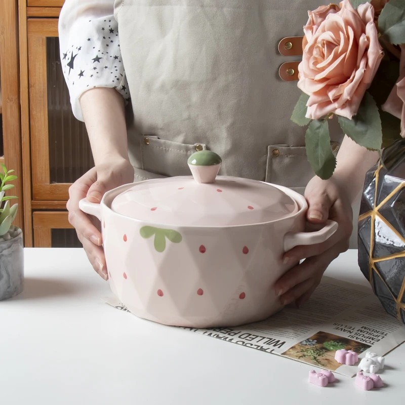 

Большая миска для супа с двойным ухом и крышкой, бытовая керамическая 10-дюймовая миска для супа, миска для лапши быстрого приготовления