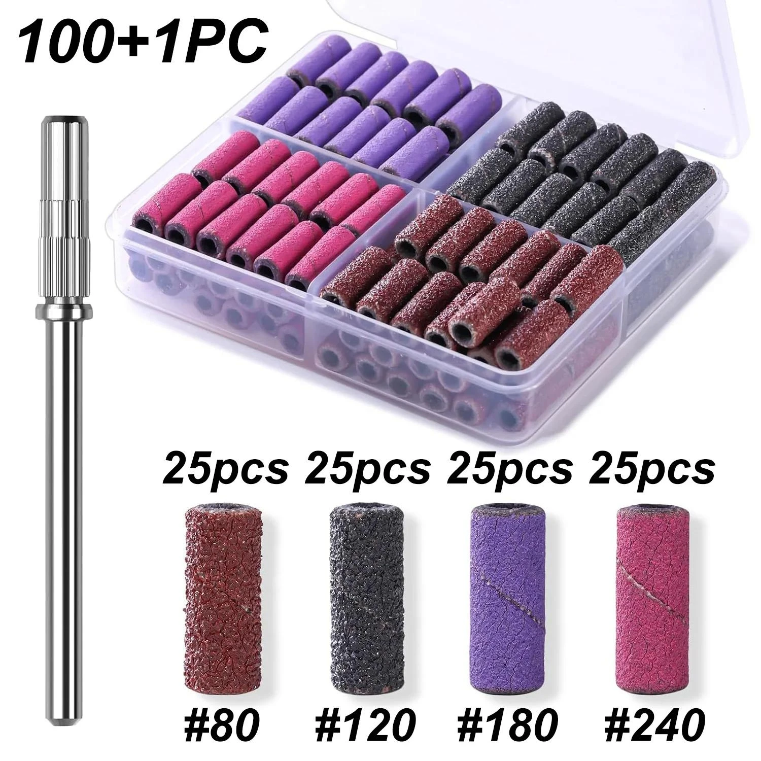 100+1PC 4 Grits Sand Ring Bands With Mini Mandrel 3mm Nail Grinding Head For Electric Grinding Machine Manicure Nail Art Tools