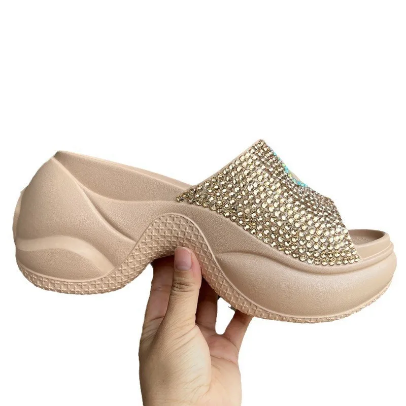 Champagne Color Leaf Flower Thick Bottom Handmade Color Diamond Set Casual Versatile Height Increasing Sandals Women's Slippers