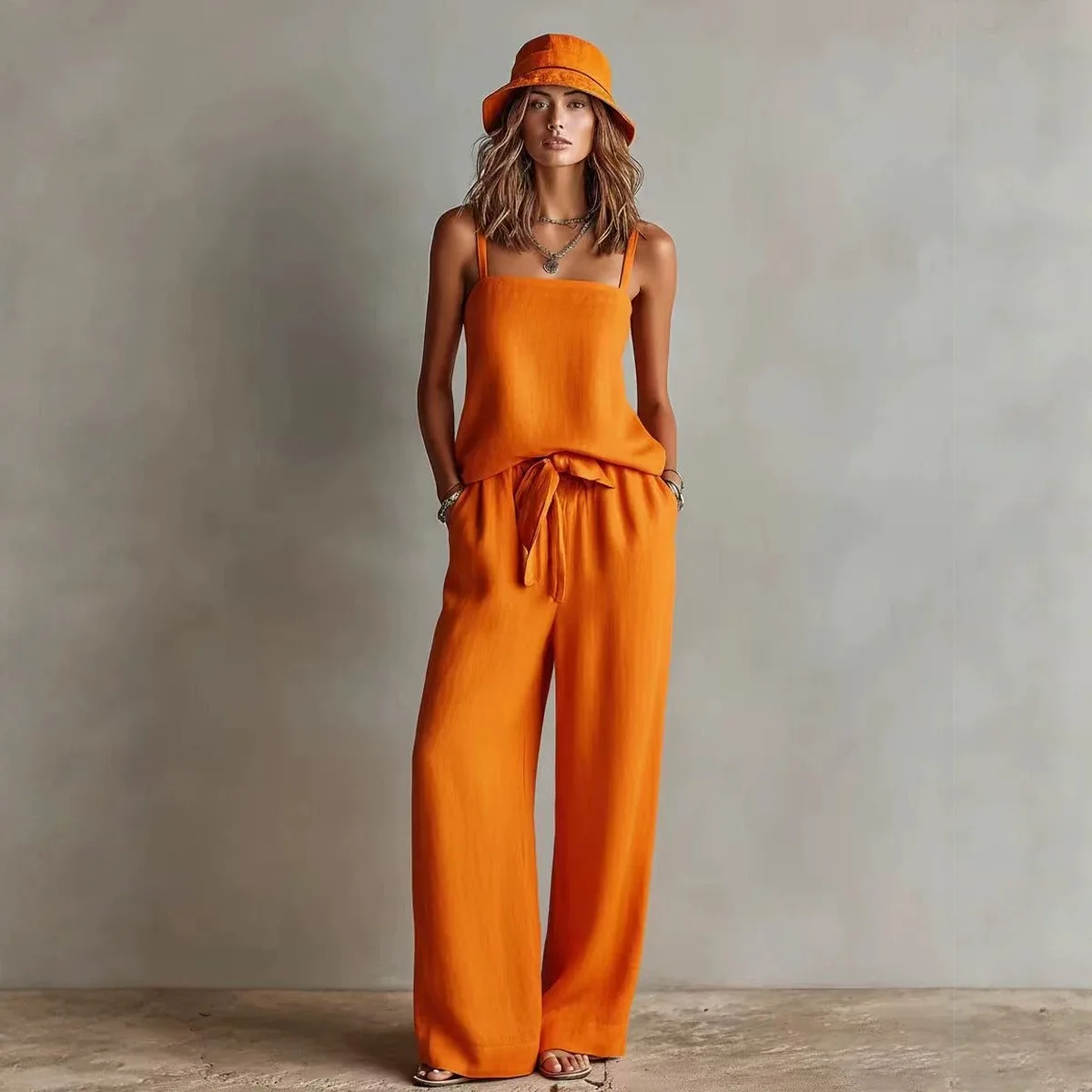 New Women's Minimalist Square Neck Vest Sleeveless Top With Drawstring Waist Wide Leg Pockets Wide Leg Pants Casual Vacation Set