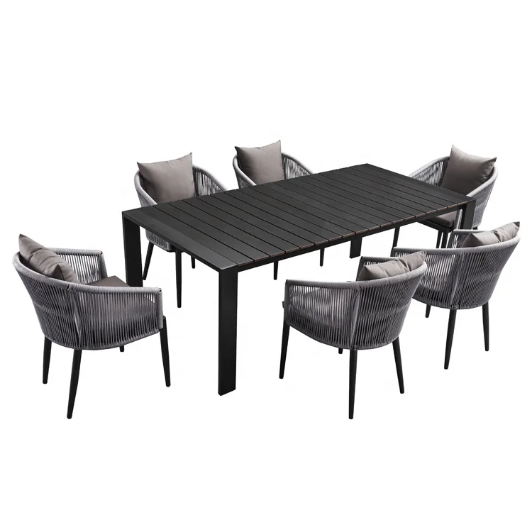 Black Garden Cafe Furniture 7 Piece Dining Sets Porch Rope Aluminum Outdoor Patio Table And 6 Seater Chairs