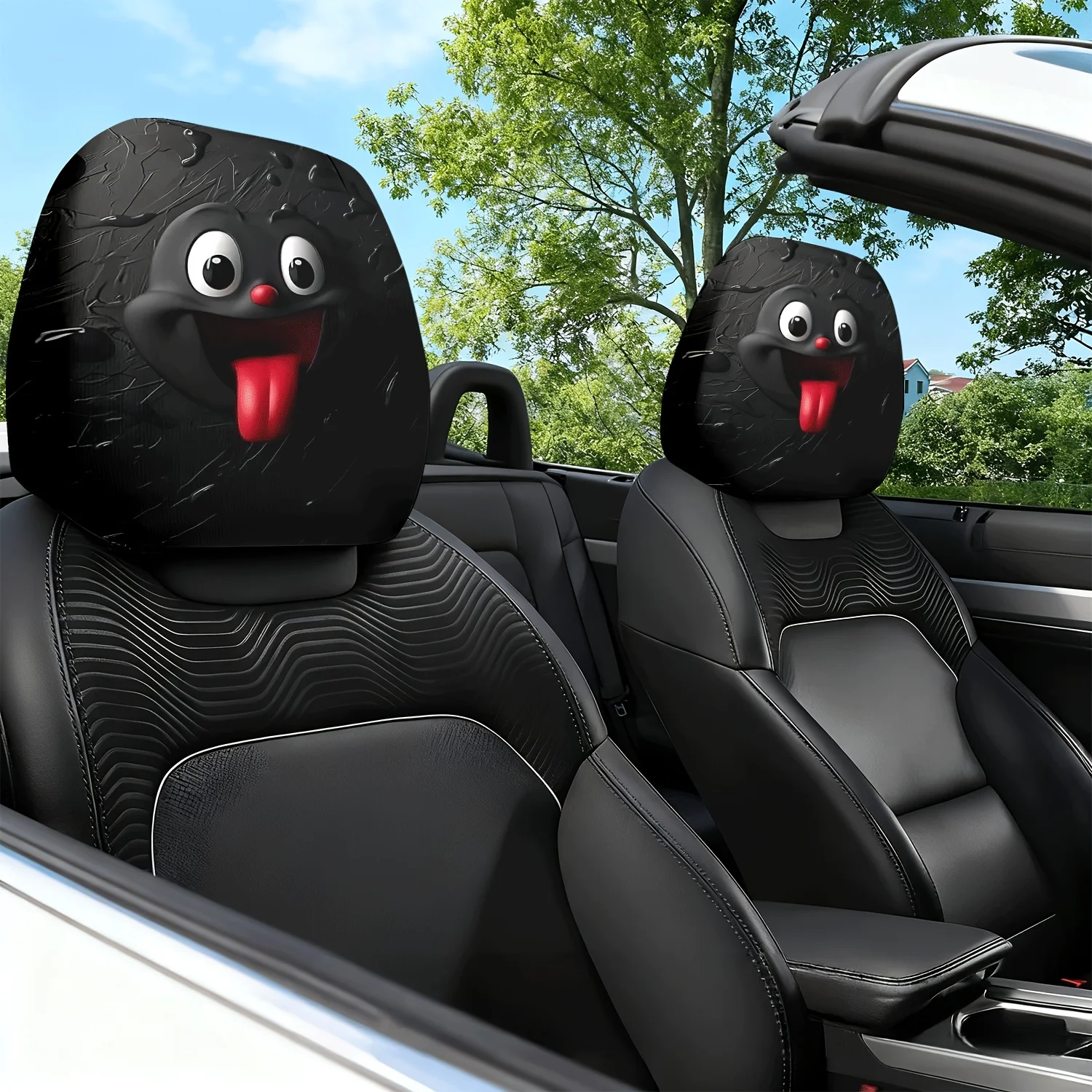 2pcs Cartoon Black Humor Funny Expression Themed Print Pattern Car Seat Cushion Headrest Neck Pillow Protector Cover - with Cu