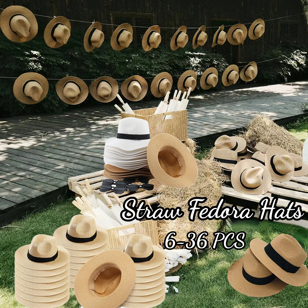 6-36 szt. Unisex Kapelusz Słomkowy dla Gości Prezent na Ślub Kapelusze Przeciwsłoneczne na Plażę Kapelusze Havana Upominki na Przyjęcia Kapelusz Panama Kapelusz Fedora Słomkowy na Wieczór Panieński