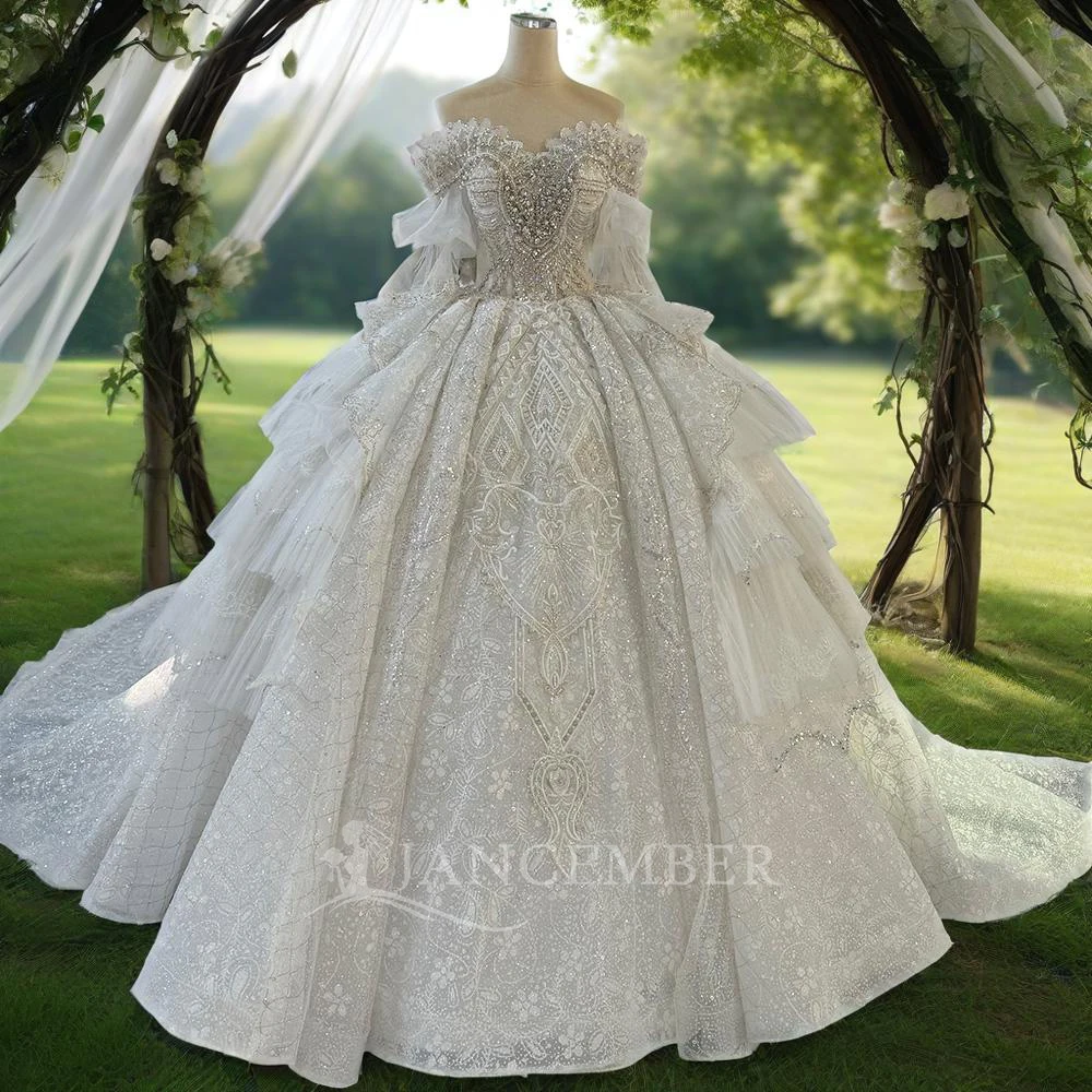 Jancember Wedding Dress Lace On Net Beading With Ball Gown Princess V-Neck Half Sleeve Church Wedding Vestido De Novia MN248