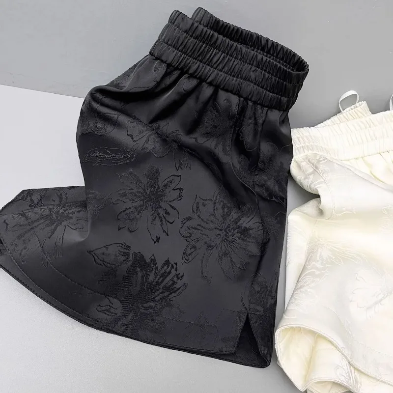 Women's Satin Floral Jacquard Elastic Waist Shorts Casual Split Hem Bottoms