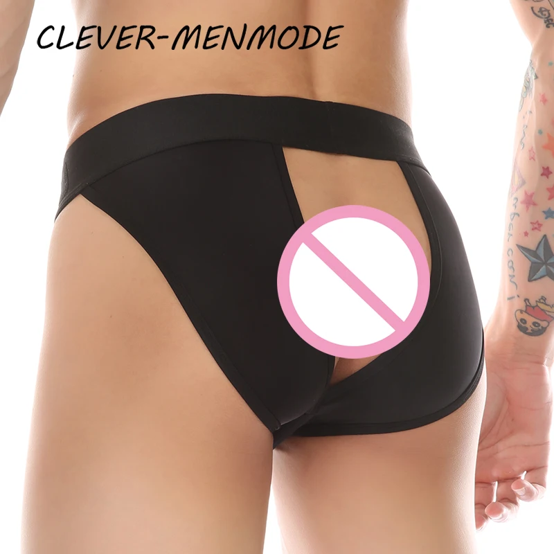 CLEVER-MENMODE Men\'s Sexy Open Crotch Sheer Briefs Ice Silk Breathable T Back Underwear Jockstrap Rear Empty Panties Men Bikini