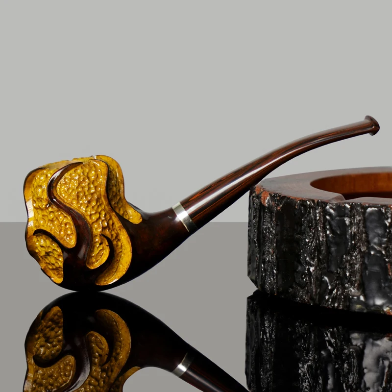 Classic Briar Wood Hand Carved Smoking Pipe 3mm Filter Bent Tobacco Pipe Silver Ring Wood Pipe High Quality Smoke Pipe Accessory