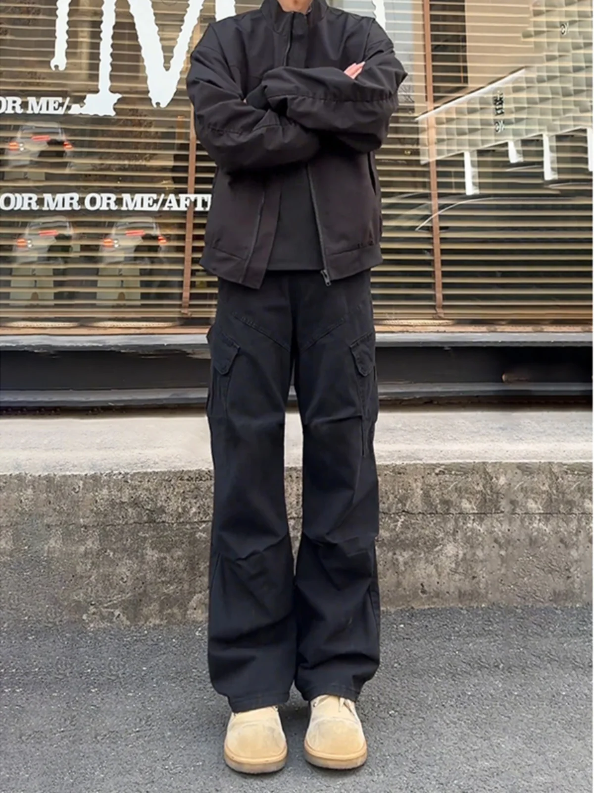 

American Retro Waed Folded Work Pants Men Spring Autumn Japanese Sle Big ket Straight Leg Wide Leg Sport Casual Pants