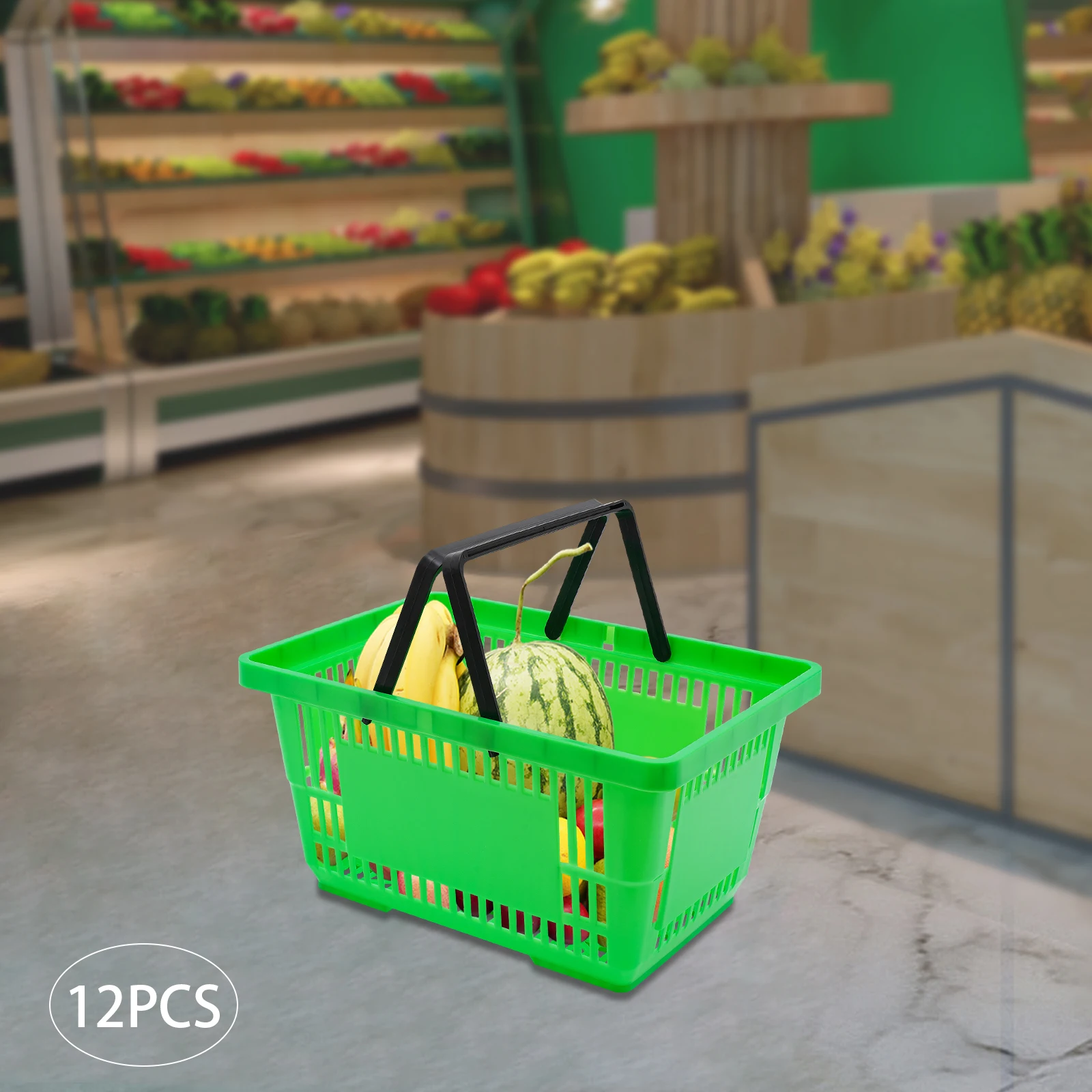 

12-Pack 7.4 Gallon Green Shopping Basket with Handle, Heavy Duty 44 lbs Capacity Foldable Storage Tote for Grocery, Picnic & Car